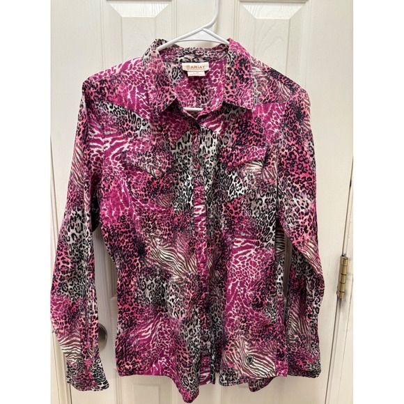 Ariat Women's Pink Leopard Zebra Print Long Sleeve Western Snap Button Shirt L - Picture 1 of 7